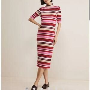 Vineyard Vines Rib Knit Midi Dress Womens MEDIUM Ribbon Stripe Red Pink $168 NEW